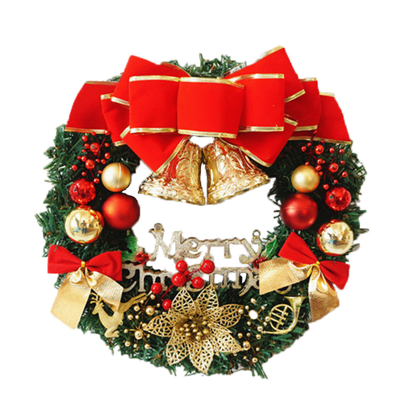 Classic Christmas Wreath Jingle Bell Red Bowknot for Front Door Artificial Christmas Garland Home Decoration