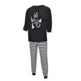 Christmas Family Matching Pajamas Sleepwear Sets Black Slogan Hohoho Top and Stripes Pants
