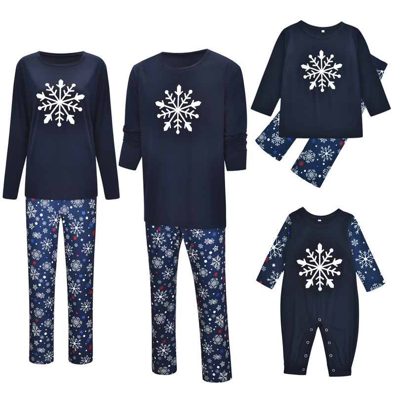 Christmas Family Matching Pajamas Sleepwear Sets Navy Snowflake Top And Pants