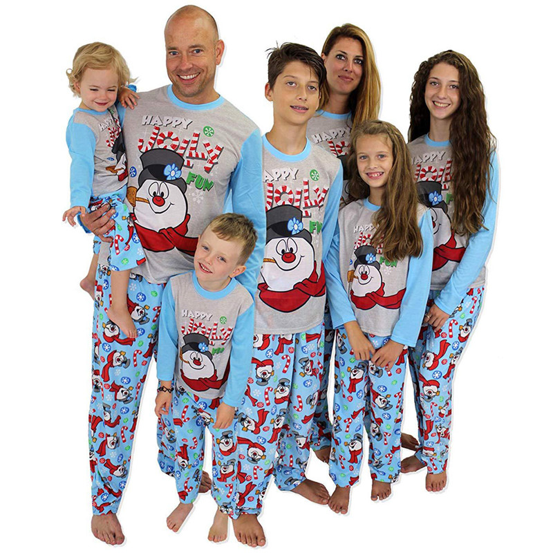Christmas Family Matching Pajamas Christmas Blue Jolly Fun Snowman Top and Snowflake Pant With Dog Cloth