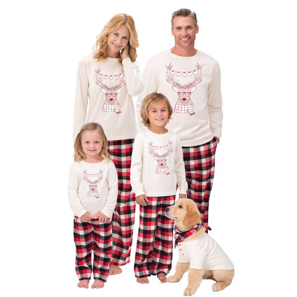 Christmas Family Matching Pajamas Sleepwear Sets Christmas White Deer Top and Red Plaids Pants With Dog Cloth