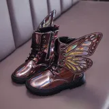 Kid Girl PU Leather Lace Up Martin  Boots With Butterfly Wings