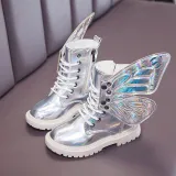 Kid Girl PU Leather Lace Up Martin  Boots With Butterfly Wings
