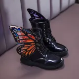 Kid Girl PU Leather Lace Up Martin  Boots With Butterfly Wings