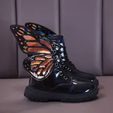 Kid Girl PU Leather Lace Up Martin  Boots With Butterfly Wings