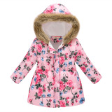 Toddler Kids Girl Flowers Cotton Padded Thicken Warm Fur Hooded Long Outerwear Coats