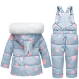 Baby Toddlers Duck Down Puffer Padded Thick Winter Outerwear Rabbits Fur Hooded Coats With Overalls Pant