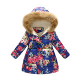 Toddler Kids Girl Flowers Cotton Padded Thicken Warm Fur Hooded Long Outerwear Coats