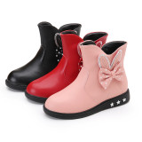 Kid Girl Dots Rabbit Ear Bowknet Add Wool PU Leather Short Boots