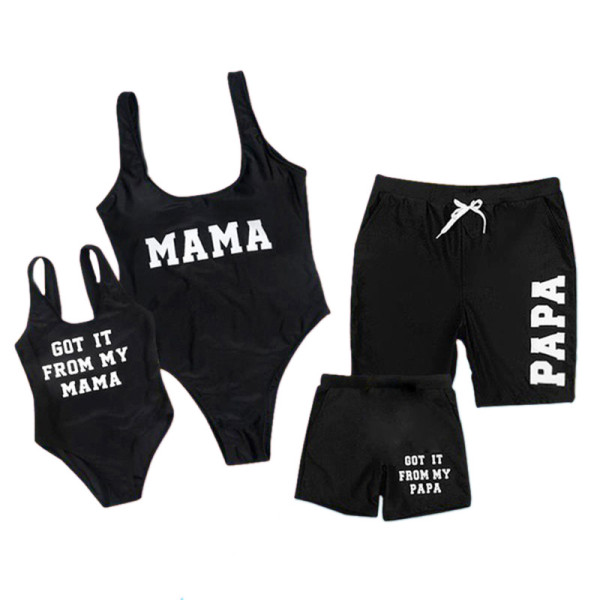 Family Matching Swimwear MAMA PAPA Slogan Black Swimsuit and Truck Shorts