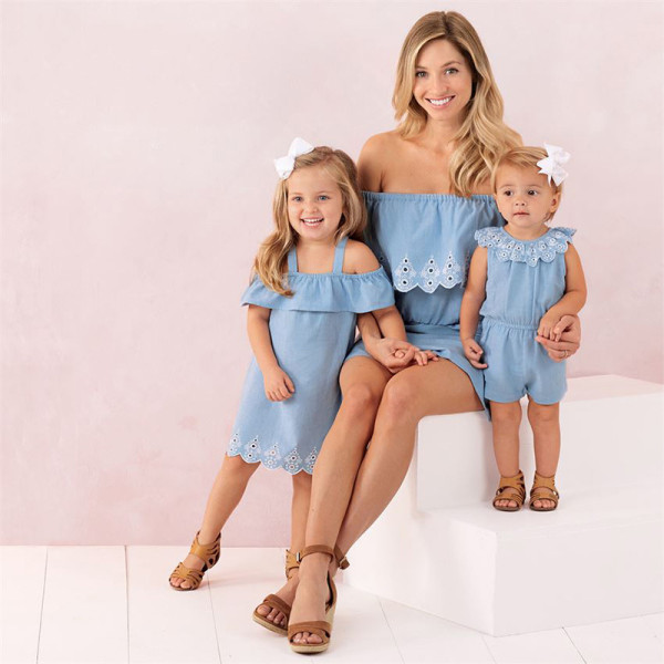 Mommy and Me Matching Blue Denim Embroidered Jumpsuit Romper