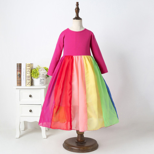 Girls Rainbow Matching Color Long Sleeves Maxi Dress