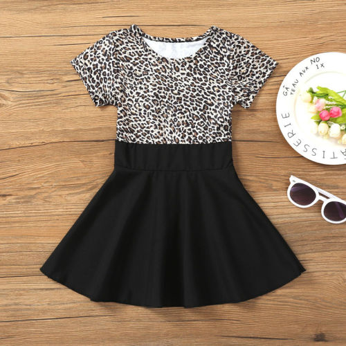 Girls Fashion Leopard Prints Short Sleeves A-line Skater Dress