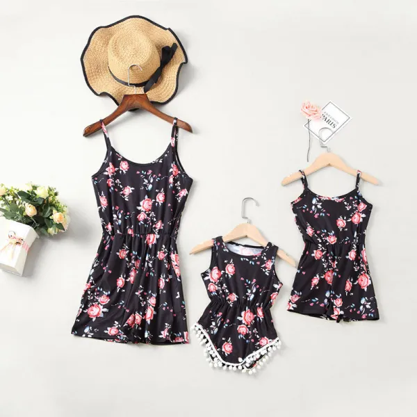 Mommy and Me Matching Red Flowers Summer Slips Jumpsuit Romper
