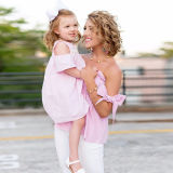 Mommy and Me Matching Pink Stripes Off The Shoulder Women Blouse And Girl Dress