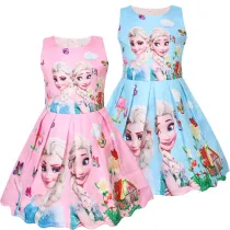 Girls Print Princess Flowers Short Sleeves A-line Skater Dress