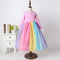 Girls Rainbow Matching Color Long Sleeves Maxi Dress
