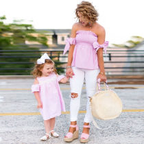 Mommy and Me Matching Pink Stripes Off The Shoulder Women Blouse And Girl Dress