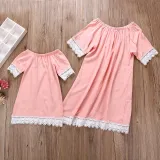Mommy and Me Matching Pink Off The Shoulder Lace Dress
