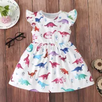 Girls Print Colorful Dinosaurs Short Sleeves A-line Skater Dress