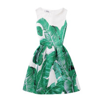 Mommy and Me Print Green Leaves Sleeveless Dresses
