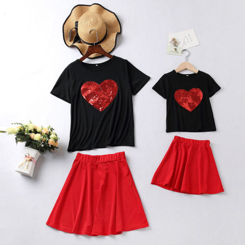 Mommy and Me Red Sequins Heart Black Top And Red Skirt Two Pieces