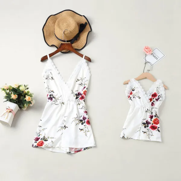 Mommy and Me Matching Flowers Lace Slips Backless Jumpsuit Romper
