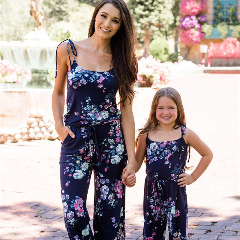 Mommy and Me Matching Flowers Lace Slips Backless Jumpsuit