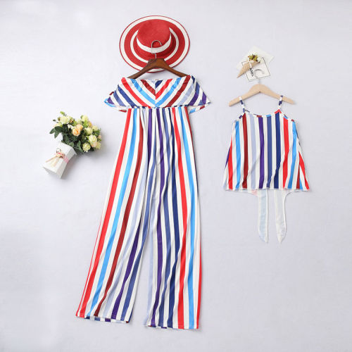 Mommy and Me Matching Women Outfit Stripes Off Shoulder Jumpsuit And Girl Slip Summer Dress