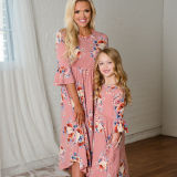 Mommy and Me Matching Prints Flowers Ruffles Sleeves A-line Dress