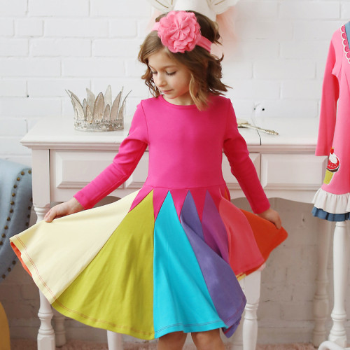 Girls Matching Rainbow Long Sleeves A-line Skater Dress