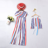 Mommy and Me Matching Women Outfit Stripes Off Shoulder Jumpsuit And Girl Slip Summer Dress