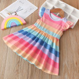 Baby Toddler Girls Rainbow Stripes Summer Ruffles Sleeves A-Line Skater Dress