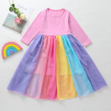 Girls Rainbow Matching Color Long Sleeves Maxi Dress