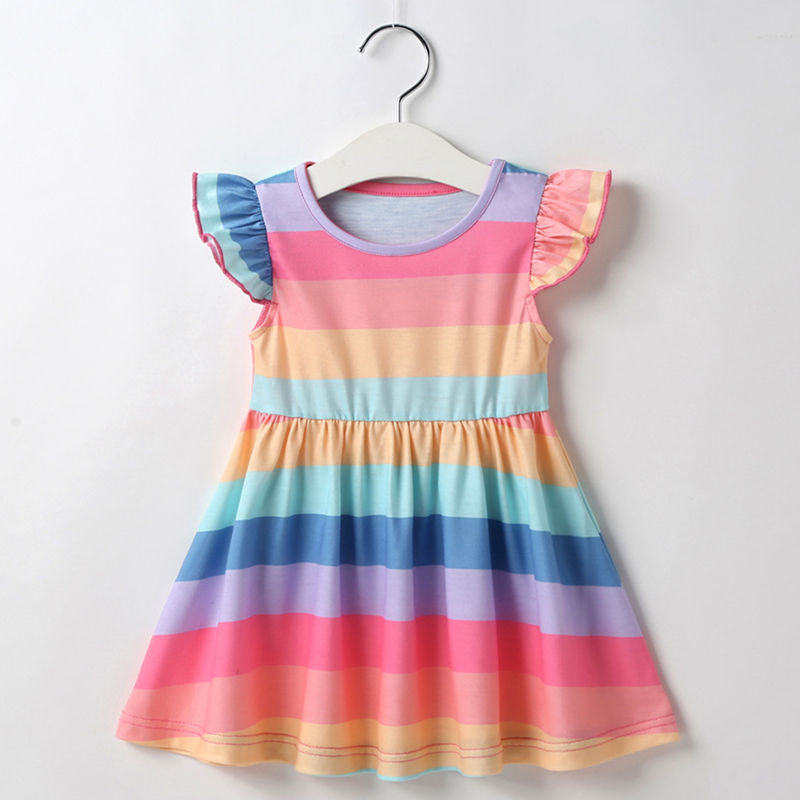 Baby Toddler Girls Rainbow Stripes Summer Ruffles Sleeves A-Line Skater ...