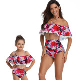 Mommy and Me Matching Swimwear Prints Flowers Rufflles Pom-pom Off Shoulder Bikini Swimsuit