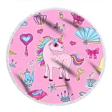 Print Unicorn Round Tassels Cotton Beach Towel Blanket Table Cover Wall Hanging