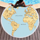 Print World Map Round Tassels Cotton Beach Towel Blanket Table Cover Wall Hanging