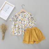 Kid Girl Print Yellow Flowers Cold Shoulder Blouse and Yellow Shorts Two Pieces Sets