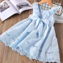 Toddler Girls Lace Hollow Out Bowknot Ruffles Sleeveless Skater Dress