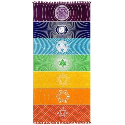 Print Rainbow Wheel of Life Rectangle Tassels Cotton Beach Towel Yuga Blanket Table Cover Wall Hanging