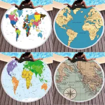 Print World Map Round Tassels Cotton Beach Towel Blanket Table Cover Wall Hanging