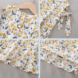Kid Girl Print Yellow Flowers Cold Shoulder Blouse and Yellow Shorts Two Pieces Sets