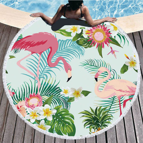 Print Flamingos Tropical Palm Leaves Round Tassels Cotton Beach Towel Blanket Table Cover Wall Hanging