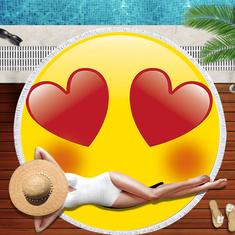 Print Emoji Face Expression Round Tassels Cotton Beach Towel Blanket Table Cover Wall Hanging