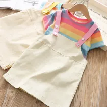 Kid Girl Rainbow T-shirt and White Denim Dress Two Pieces Sets