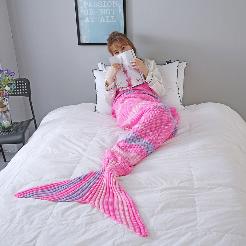 Kids & Adult Color Matching Crochet Knit Mermaid Tail Blanket Sleeping Bag