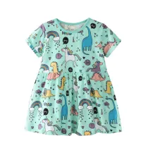 Toddler Kids Girls Print Dinosuars Unicorns Rainbow Short Sleeves Cotton Dress