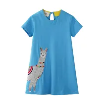 Toddler Kids Girls Print Pompom Eembroidery Llama Short Sleeves Casual Cotton Dress