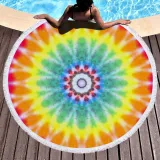 Print Dye Rainbow Round Tassels Cotton Beach Towel Blanket Table Cover Wall Hanging